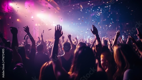 Crowd raising hands at a music festival. Disco party with a dj and confetti.