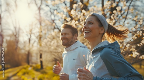 Close-up portrait of happy white couple jogging together among the spring trees, generative AI