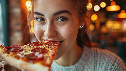 woman eating pizza