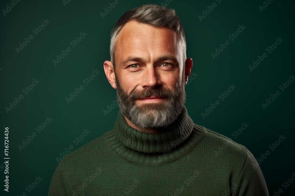 Portrait of a glad man in his 40s dressed in a warm wool sweater against a soft green background. AI Generation Portrait of a glad man in his 40s dressed in a warm wool sweater against a soft green background. AI Generation