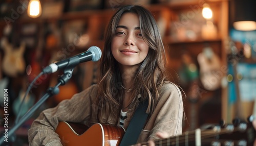 Young woman singer performing at music guitar store, attractive cute face, fun smile expression. photo