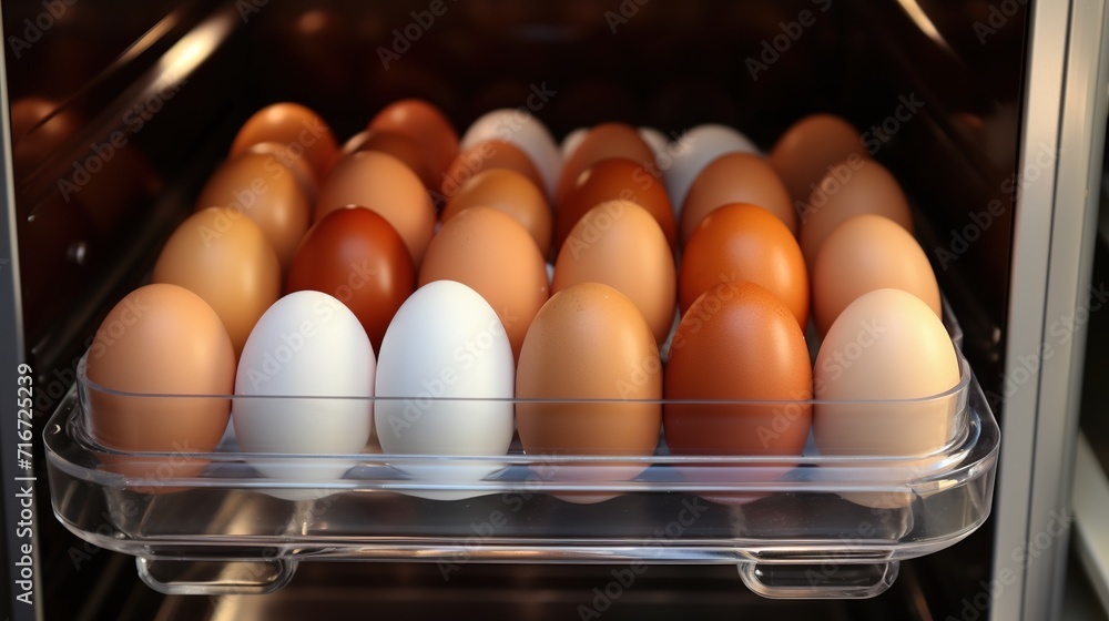 Chicken eggs in the refrigerator. Raw eggs in a container. Chicken eggs in the refrigerator. Raw eggs in a container.