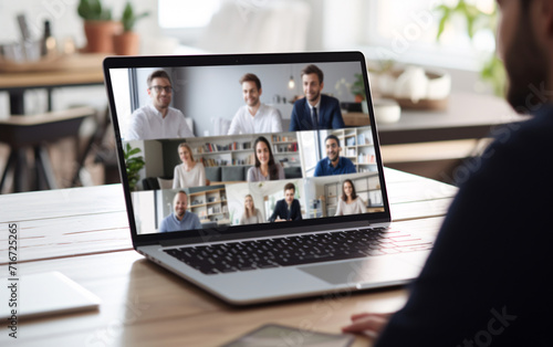 Virtual Meeting Video Conference. Team working by group video call share ideas brainstorming negotiating use video conference, pc screen view multi ethnic young people