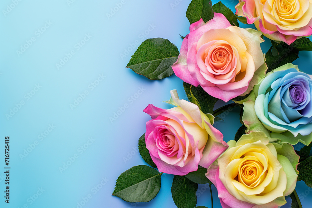 Fototapeta premium A lot of beautiful bright multi-colored roses of different colors. Colorful roses. pastel flowers, roses. Bunch of colorful roses. Beautiful bouquet of roses in variety of colors. Seasonal flower card