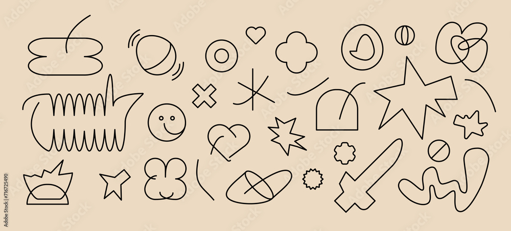 Fototapeta premium Trendy line elements Y2k. Light abstract design. Retro shape. Simple Doodle. zine aesthetic. Vectored shapes, retro vibes. 