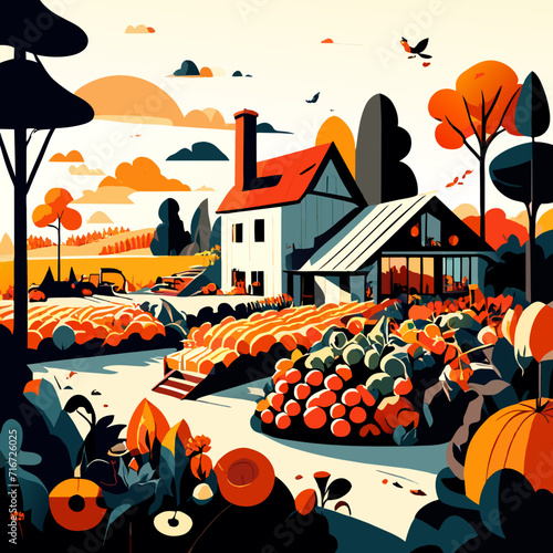 Autumn rural landscape with pumpkins and houses. Vector illustration. Generative AI