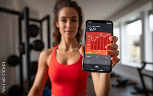 Young woman showing her sports achievements and statistics on her mobile phone screen in a sports app in the gym photo