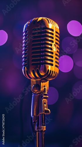 microphone under spotlight, purple background, light source from top, distant view,