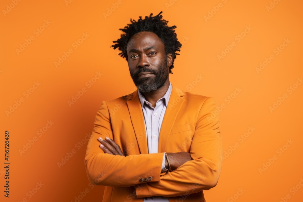 Fototapeta premium Portrait of a blissful afro-american man in his 40s dressed in a stylish blazer against a soft orange background. AI Generation