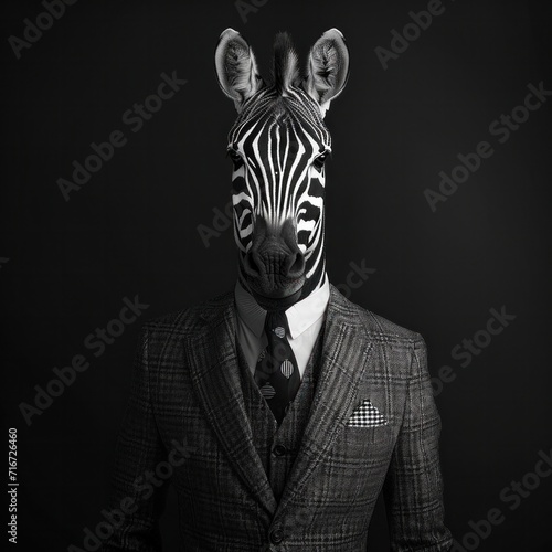 A straight-faced zebra wearing a suit Looking at the camera on a black and white background