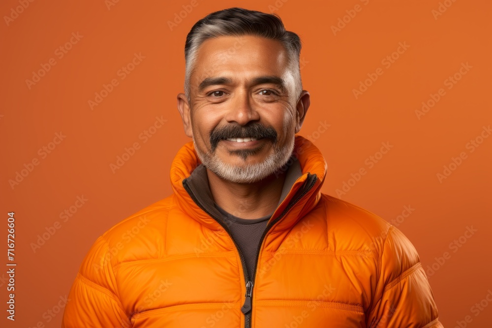 Portrait of a jovial indian man in his 50s donning a durable down jacket against a soft orange background. AI Generation Portrait of a jovial indian man in his 50s donning a durable down jacket against a soft orange background. AI Generation