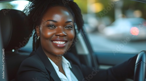 Portrait of a happy black businesswoman driving a luxury car, generative AI © Hifzhan Graphics