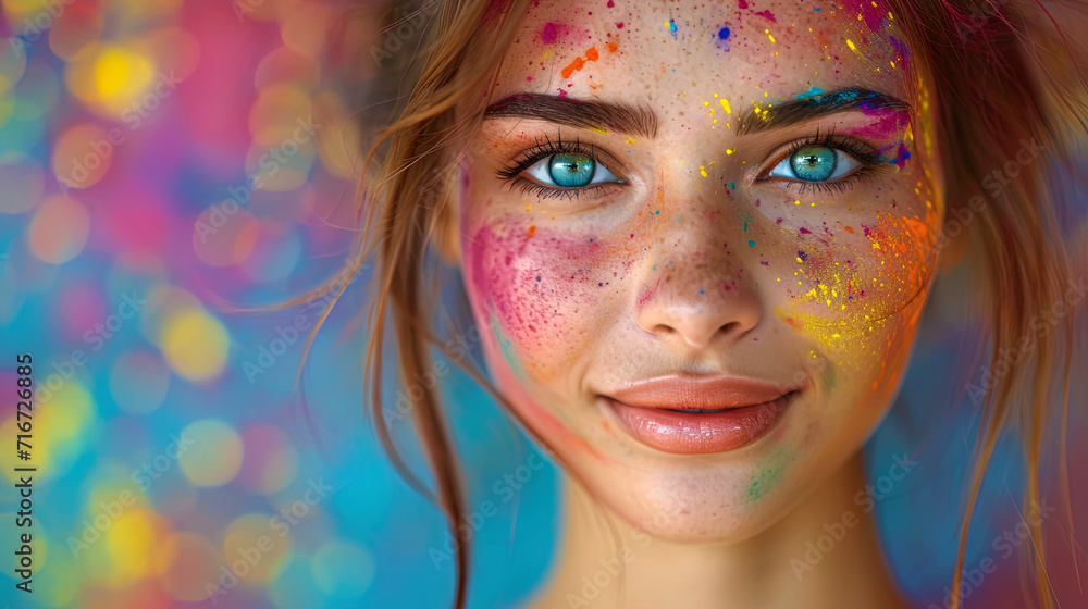 A bright portrait of a young woman with multi colored colors on her face during Holi