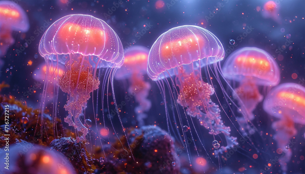 Jellyfish floating in magical ocean. Beautiful cosmic neon purple sea. collection of animals. 3d animation of a seamless loop. Underwater world glowing fish in the water. Marine life. Pink,blue Jellyfish floating in magical ocean. Beautiful cosmic neon purple sea. collection of animals. 3d animation of a seamless loop. Underwater world glowing fish in the water. Marine life. Pink,blue