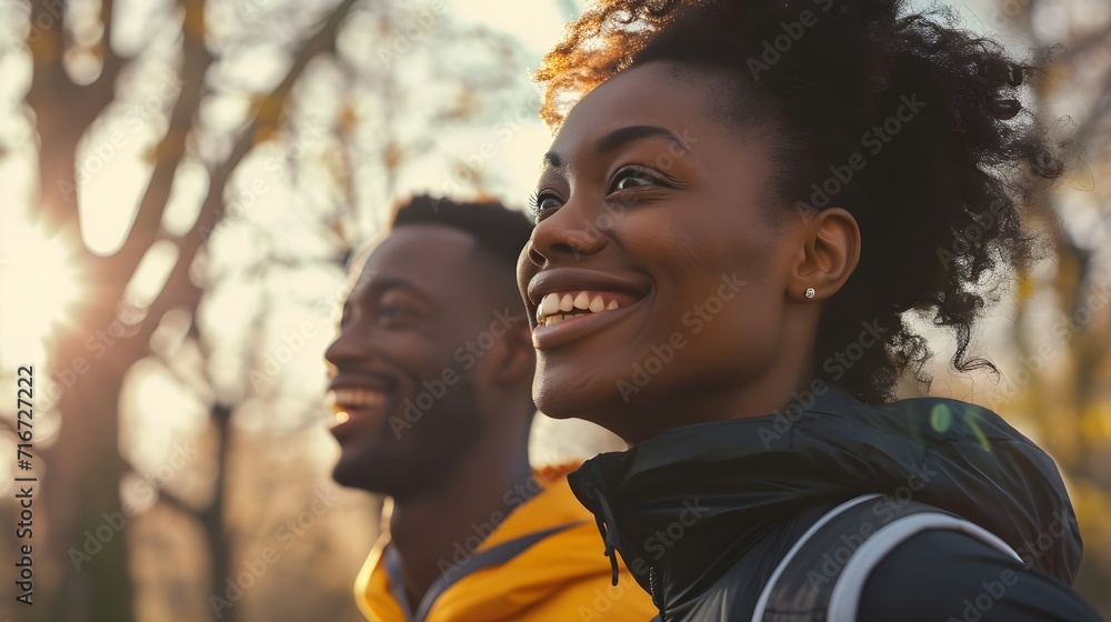 Close-up portrait of happy black couple jogging together among the spring trees, generative AI Close-up portrait of happy black couple jogging together among the spring trees, generative AI