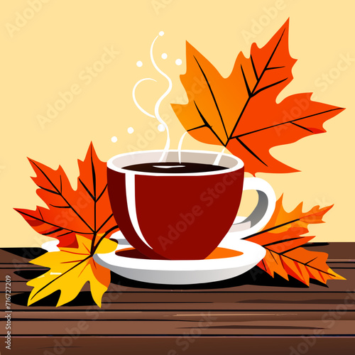 Cup of tea with autumn leaves on wooden table. Vector illustration AI generated