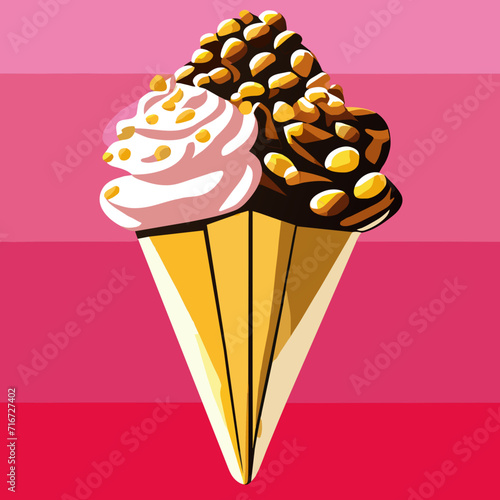 Illustration of a cone of ice cream on a pink background. AI generated