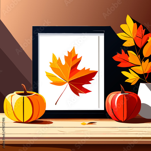 Autumn background with pumpkin, leaves and tablet pc. Vector illustration Generative AI