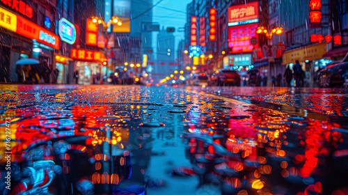 Bright advertising signs create a hypnotic effect, reflected from the wet asphalt of the city photo
