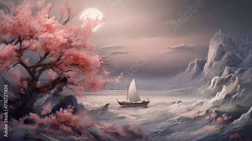 wonderful asian inspired realistic tree and boat fighting against the storm photo