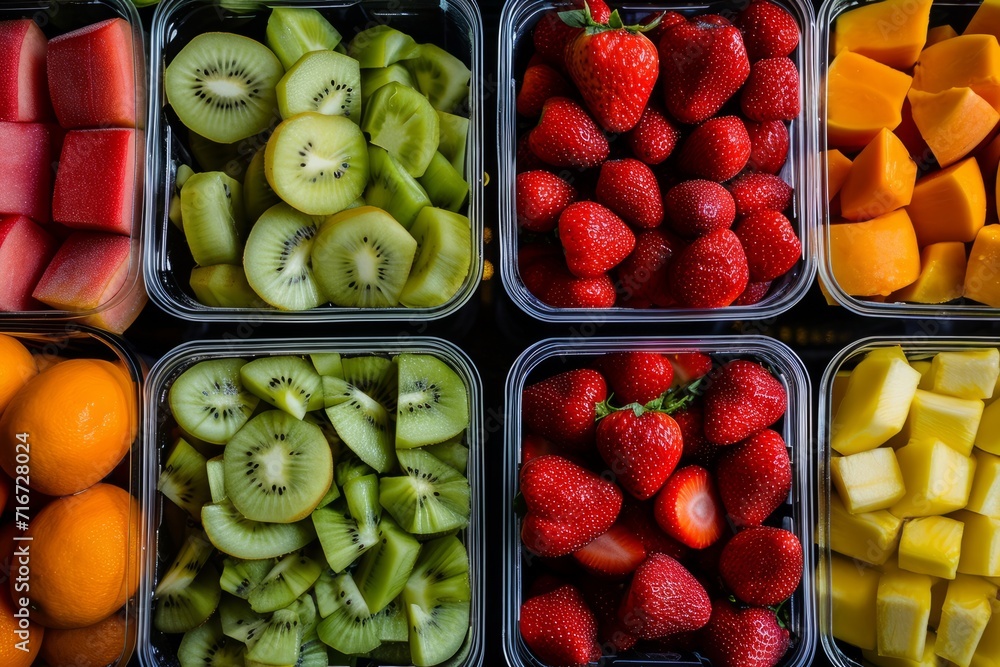 Assorted fresh fruits in containers, including strawberries, kiwi, mango, and watermelon, arranged in a grid pattern. Assorted fresh fruits in containers, including strawberries, kiwi, mango, and watermelon, arranged in a grid pattern.