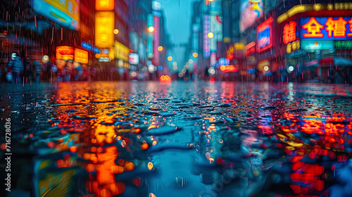 Hypnotizing city landscape with wet asphalt and vivid reflections of advertising signs
