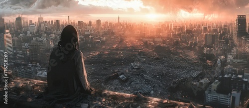 A woman gazes at the magnificent cityscape, her eyes tracing the vibrant clouds that frame the towering buildings, all against the backdrop of a breathtaking sunset