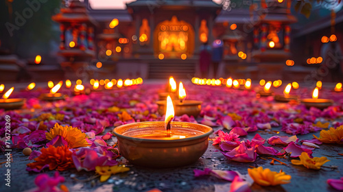 Luminous lamps and candles decorating temples during Holi