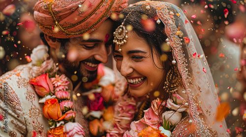 Valokuva Newlyweds, celebrating the wedding Holi, surrounded by flowers and jewelry