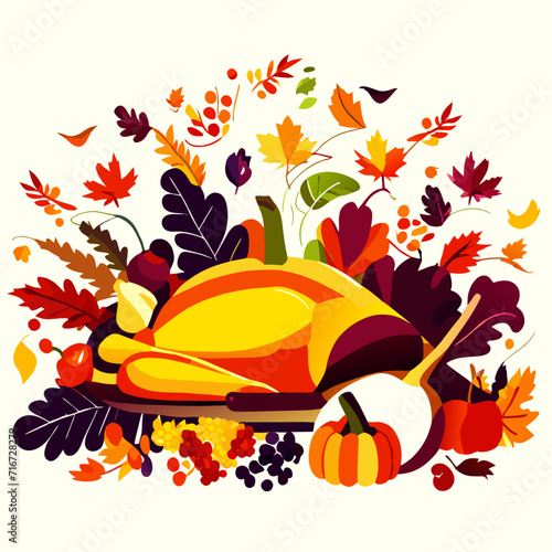 Thanksgiving day background with roasted turkey and autumn leaves. Vector illustration. generative AI