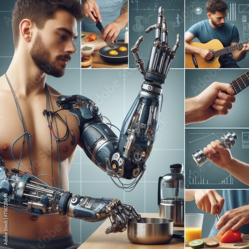 Male mechanical engineer aids with prosthetic arm photo