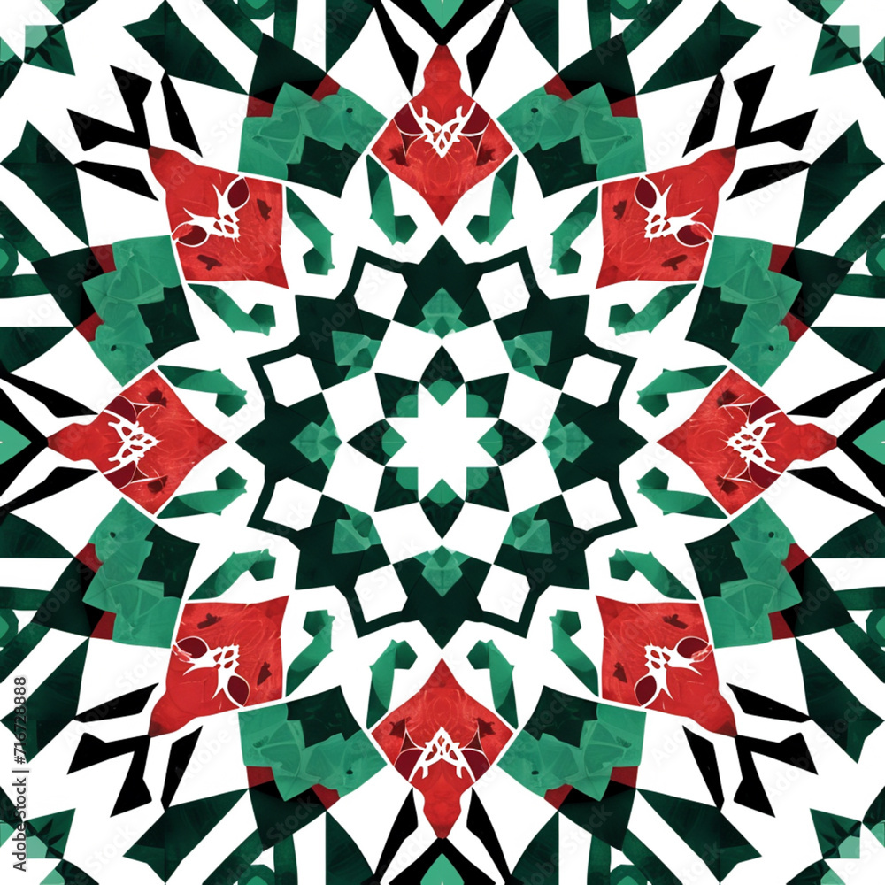 Obraz premium Intricate Islamic patterns showcase geometric elegance, intertwining lines, and vibrant motifs. Symmetry prevails, creating mesmerizing designs that reflect unity and connection to the divine.