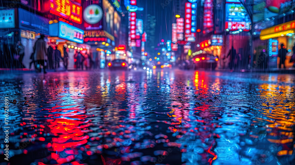 The city landscape becomes a hypnotic gleam of bright advertising signs on wet asphalt The city landscape becomes a hypnotic gleam of bright advertising signs on wet asphalt