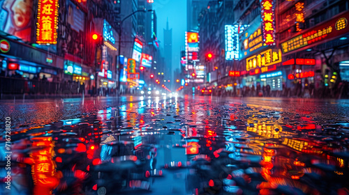 The bewitching city landscape occurs when bright advertising signs are reflected on the wet asphal