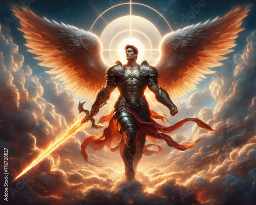 Warrior angel with wings and sword in heaven photo