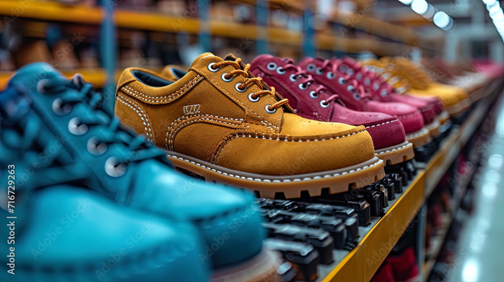 Process of assembling and packaging new shoes in the factory Process of assembling and packaging new shoes in the factory