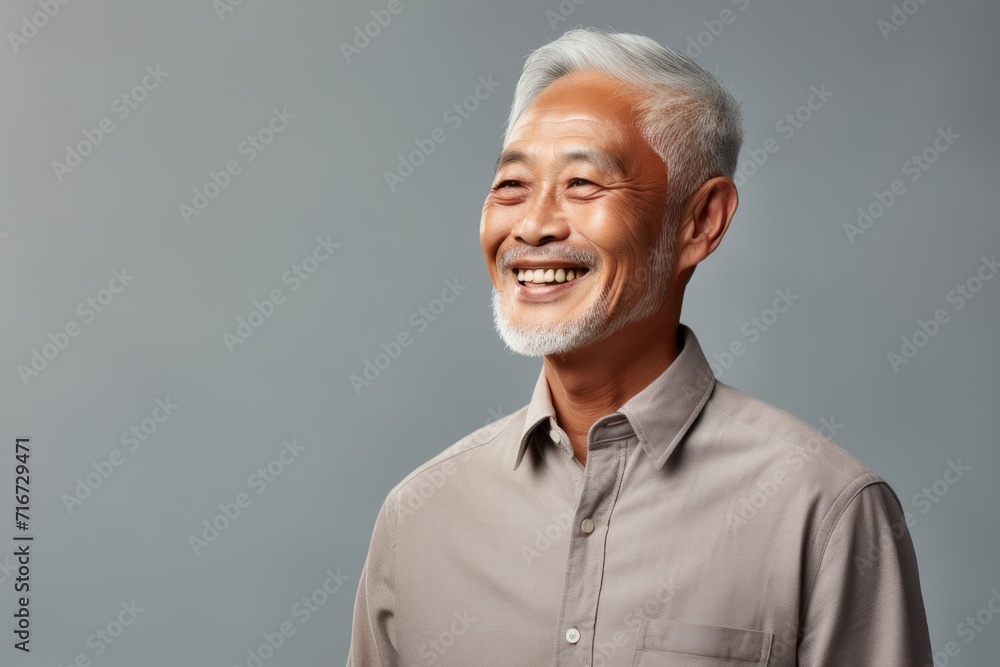 Portrait of a satisfied asian man in his 70s sporting a breathable hiking shirt against a soft gray background. AI Generation Portrait of a satisfied asian man in his 70s sporting a breathable hiking shirt against a soft gray background. AI Generation
