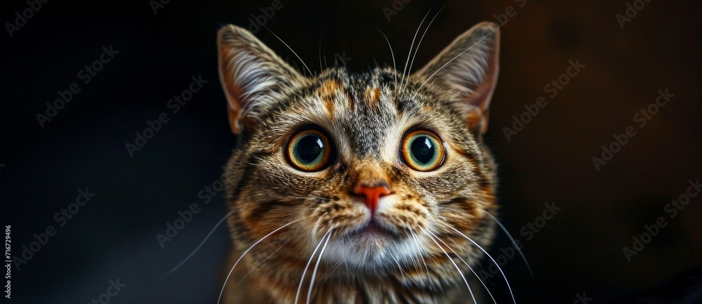 A curious malayan tabby kitten stares into the camera, its whiskers quivering with excitement as it takes in the world through its mesmerizing green eyes