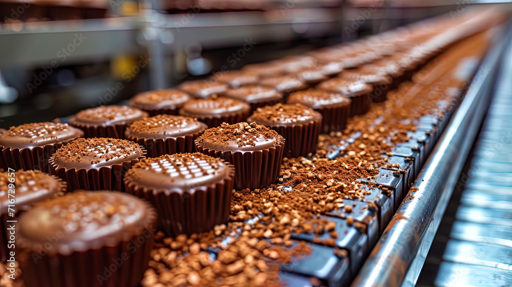 The working line at the chocolate factory, where chocolate sweets are automatically sprinkled with