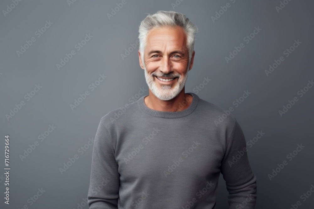Portrait of a happy man in his 70s showing off a thermal merino wool top against a soft gray background. AI Generation Portrait of a happy man in his 70s showing off a thermal merino wool top against a soft gray background. AI Generation