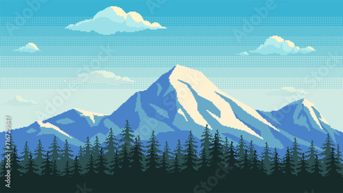 Pixel art mountains seamless background. Landscape with mountain peaks, clouds and forest for game or application. Vector cartoon backdrop.