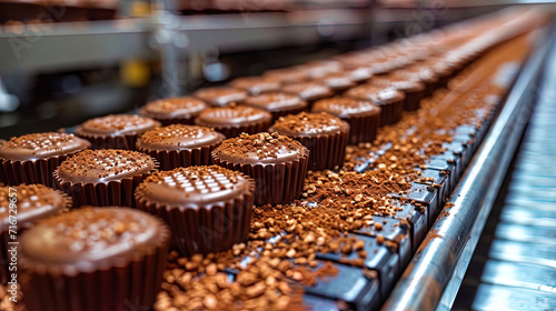 The working line at the chocolate factory, where chocolate sweets are automatically sprinkled with