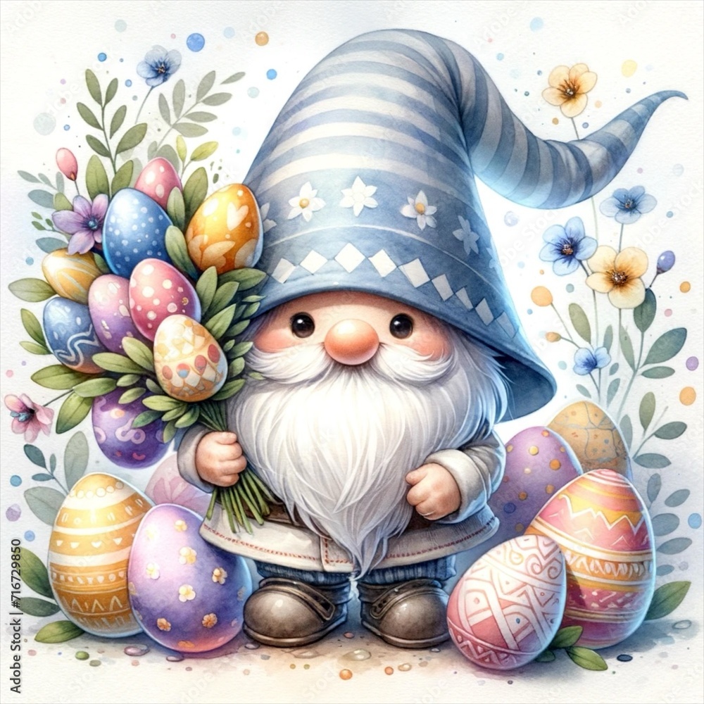 An illustration of a gnome with its hat covering its face, with a big Easter egg bouquet, rendered in watercolor style.