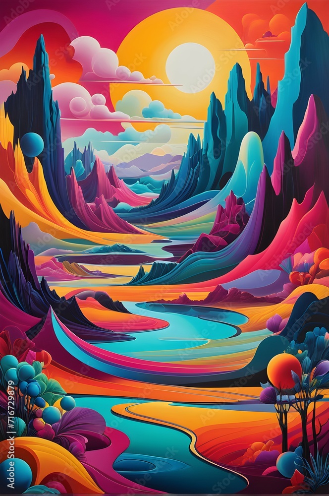 Surreal Landscape with Vibrant Colors, Large Sun