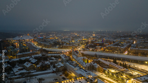 Drone photography of city old town and shinning lights during winter day