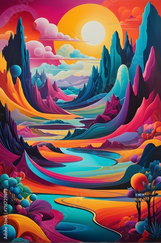 Surreal Landscape with Vibrant Colors, Large Sun