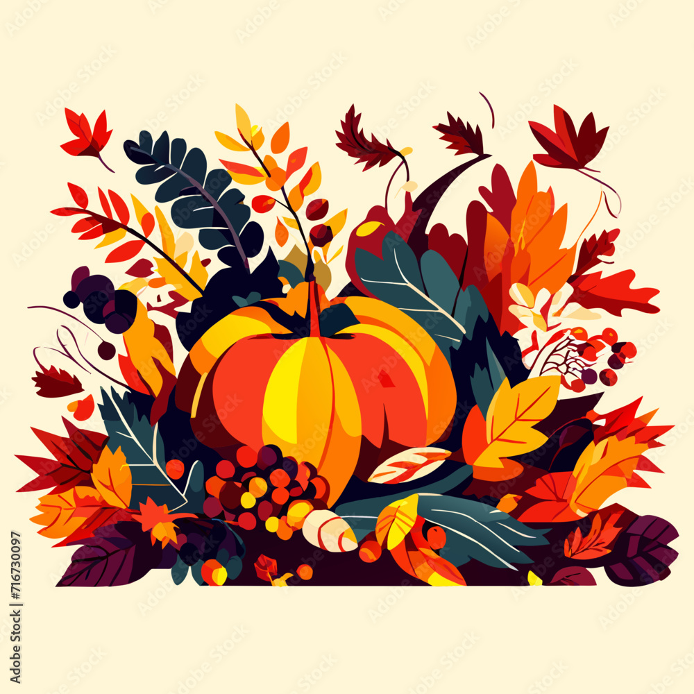 Naklejka premium Autumn background with pumpkins, leaves and berries. Vector illustration. AI Generated
