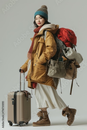 beautiful Asian woman in winter outfit with travel bag isolated on grey