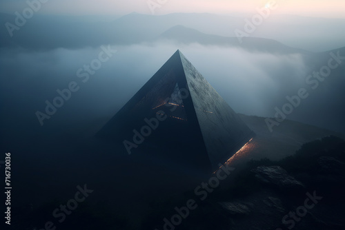 Mysterious pyramid of ancient civilization in foggy mountains