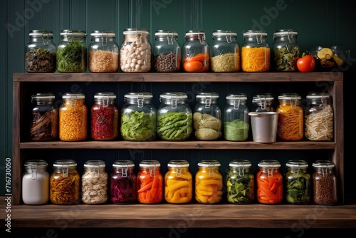 A pantry filled with a variety of jars of food. This image can be used to showcase a well-stocked pantry